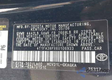 2006 Toyota Camry Solara Sle from USA, damaged, VIN 4T1FA38PX6U106933